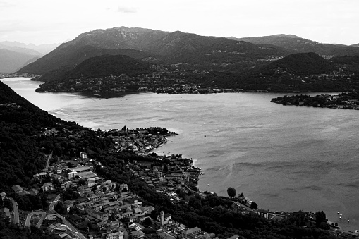 Aerial of Lake Orta, a picturesque lake in Northern Italy.