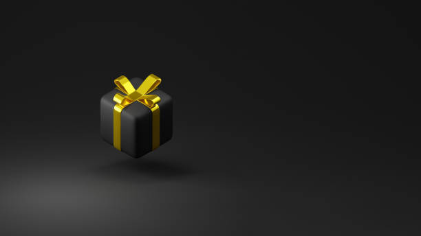 istock Black gift box with shiny golden ribbon on black background, 3d illustration. Present, gift, celebration concept, black friday sale on blank text space for posters or advertising 1438628108