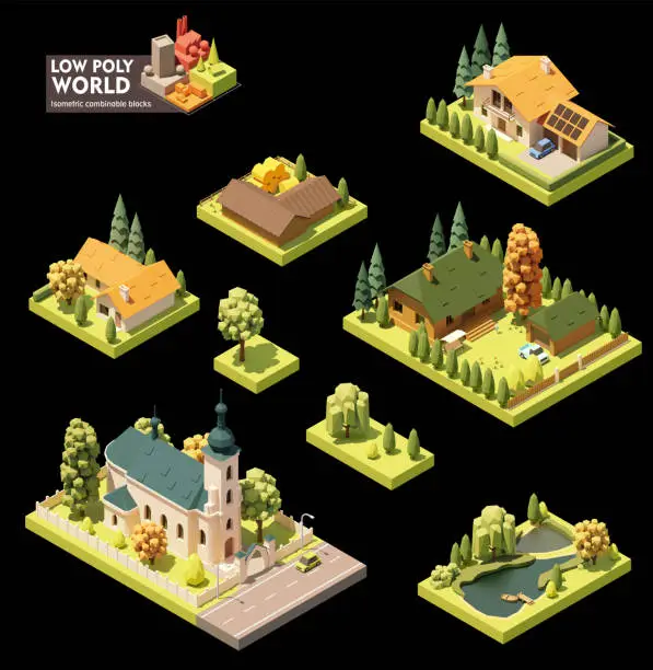 Vector illustration of Vector isometric town map elements. Buildings