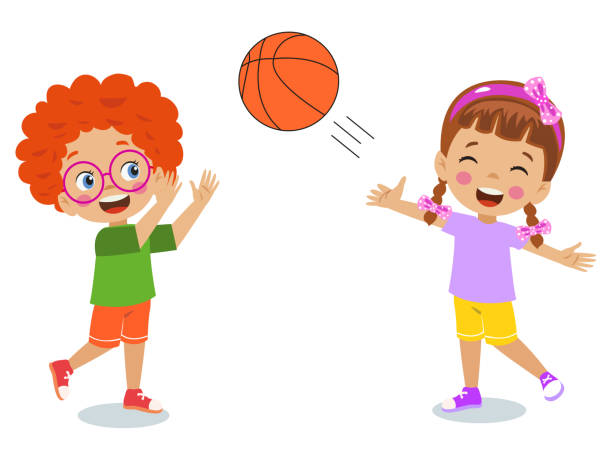 illustrazioni stock, clip art, cartoni animati e icone di tendenza di bambini felici e svegli che giocano a basket - child tennis white background sport