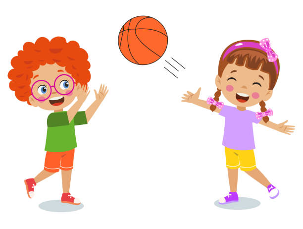 ilustrações de stock, clip art, desenhos animados e ícones de cute happy kids playing basketball - child tennis white background sport