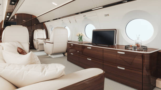 interno del jet privato vuoto - vehicle interior corporate jet jet private airplane foto e immagini stock