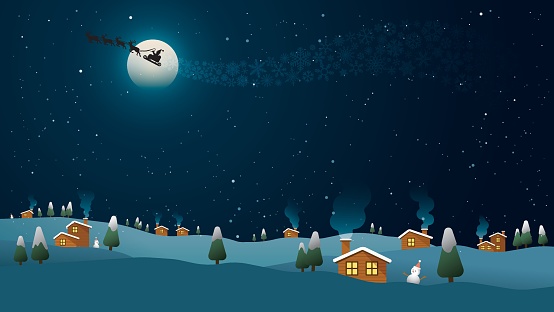Santa clause with his sleigh and reindeers in christmas eve have small town, pines, snow hills landscape and a lot of stars background. Christmas night background.