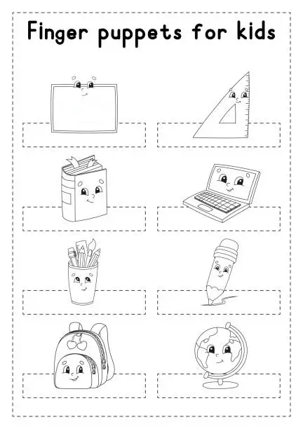 Vector illustration of Finger puppets. Coloring page for kids. Back to school theme. Vector illustration.