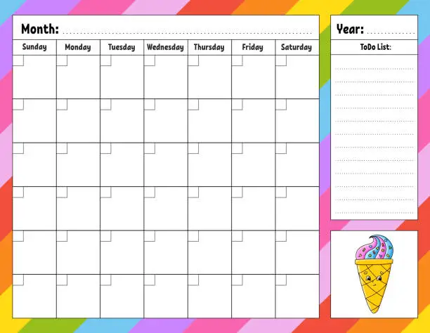 Vector illustration of Weekly planner. Bright colorful blank printable template. Birthday theme. Vector illustration.