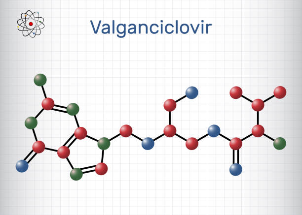 illustrazioni stock, clip art, cartoni animati e icone di tendenza di molecola di valganciclovir. è un farmaco antivirale usato per trattare citomegalovirus, cmv, infezione in quelli con hiv, aids. modello molecolare. foglio di carta in una gabbia - citomegalovirus