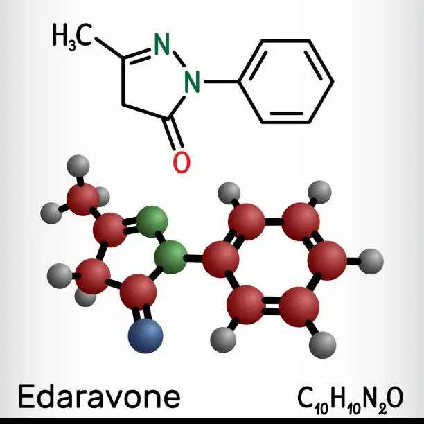 Vector illustration of Edaravone molecule. It is used for treatment of amyotrophic lateral sclerosis ALS. Structural chemical formula, molecule model.