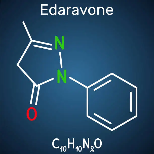 Vector illustration of Edaravone molecule. It is used for treatment of amyotrophic lateral sclerosis ALS. Structural chemical formula on the dark blue background