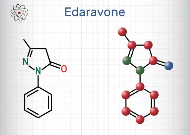 Vector illustration of Edaravone molecule. It is used for treatment of amyotrophic lateral sclerosis ALS. Structural chemical formula, molecule model. Sheet of paper in a cage