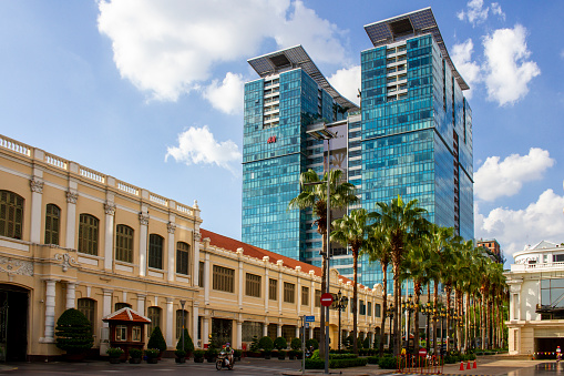 Ho Chi Minh City, Vietnam - June 27, 2021 : The People’s Committee Building Saigon And Vincom Shopping Mall Center Ho Chi Minh City.