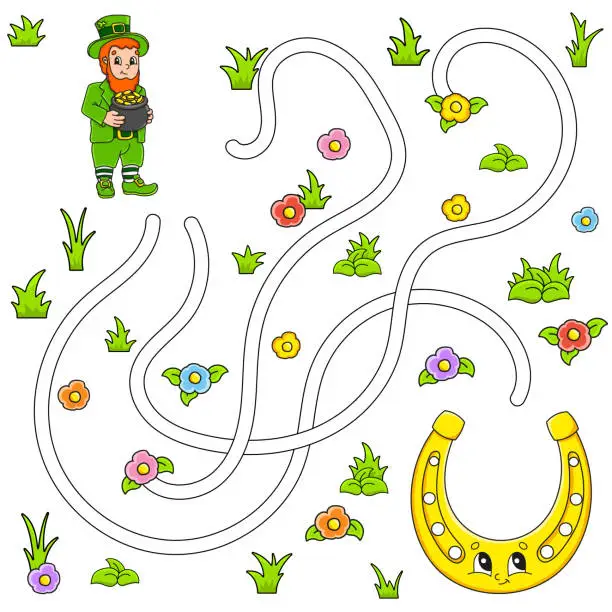 Vector illustration of Funny maze for kids. Puzzle for children. cartoon character. Labyrinth conundrum. St. Patrick's Day. Color vector illustration. Find the right path.