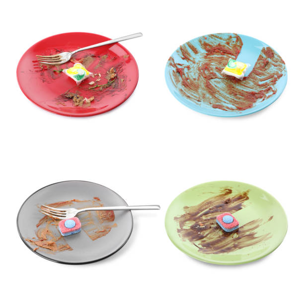 istock Dirty plates with dishwasher detergent tablets and gel capsules on white background, collage 1438636558