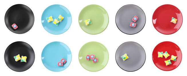 Clean plates with dishwasher detergent tablets and gel capsules on white background, top view. Collage