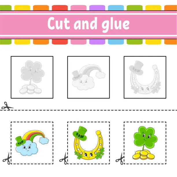 Vector illustration of Cut and glue. Game for kids. Education developing worksheet. Color activity page. cartoon character. St. Patrick's day.