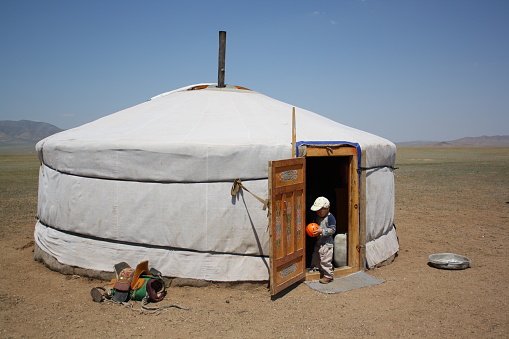 A boy with his only ball in the nomadic tent (ger), Atar sum in Tuv province, Mongolia. The nomadic kids are always joyful for the surrounding steppes and play outdoors from what they have.