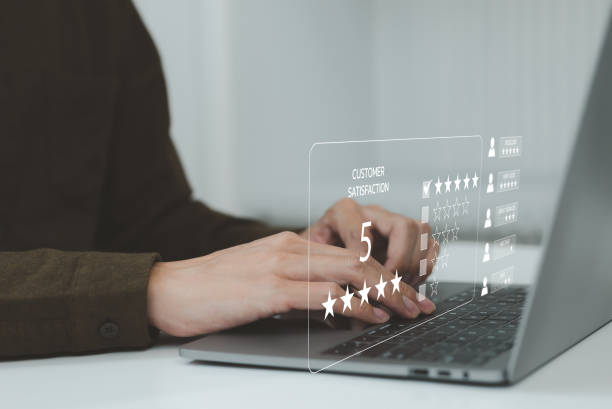 istock Client give rating to service experience on online application, Customer evaluate quality of service leading to reputation ranking of business. Customer review satisfaction and feedback survey concept 1438639631