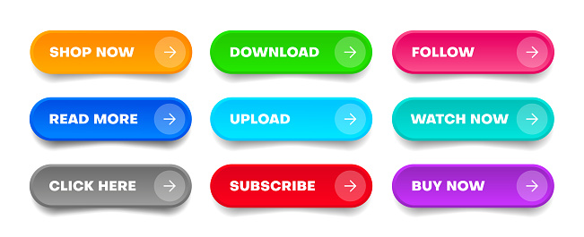 3d Click Here Web Buttons Set Of Action Button Hand Cursor And Arrow ...