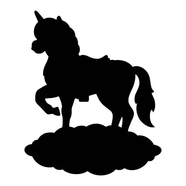 Vector illustration of Black silhouette. Magic unicorn. Fairy horse. Design element. Vector illustration isolated on white background. Template for books, stickers, posters, cards, clothes.