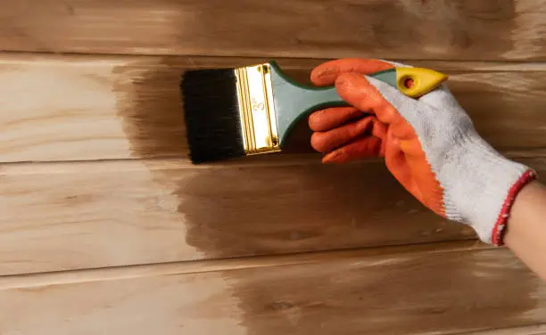 Person working,hand holding a brush applying varnish paint on a wooden
