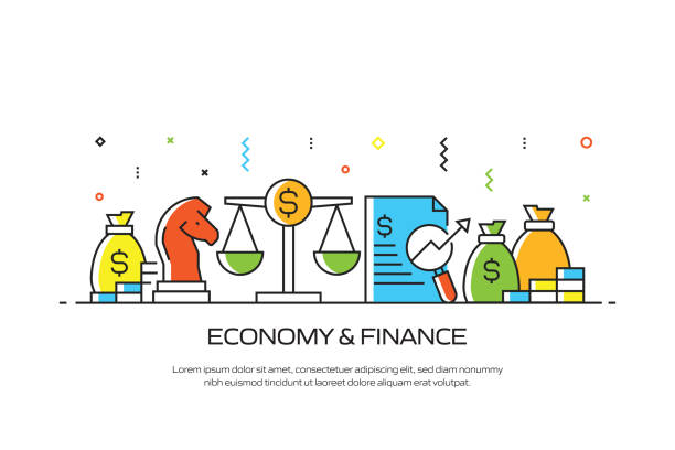 ilustraciones, imágenes clip art, dibujos animados e iconos de stock de economía y finanzas diseño de banner de estilo de línea relacionado para página web, titular, folleto, informe anual y portada de libro - interest rate finance financial page financial figures