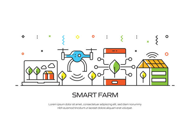 smart farm 관련 라인 스타일 배너 디자인 웹 페이지, 헤드 라인, 브로셔, 연례 보고서 및 책 표지 - 식품 가공 공장 일러스트 stock illustrations