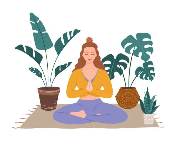 Vector illustration of Beautiful woman meditating in a room surrounded by plants. Inspiring illustration for yoga. Vector illustration in flat minimalistic style. Monstera and palm tree.