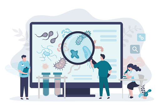 Team of epidemiologists developing set of anti-epidemic measures. Scientist with magnifying glass studies structure of viruses. Doctors conducting laboratory tests to find vaccine. Vector illustration
