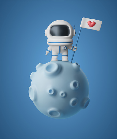 Astronaut on the moon with a love flag 3d. Cute vector illustration of an spaceman. Funny cartoon character in space