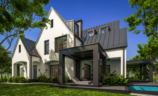 3d rendering of white and black modern Tudor house
