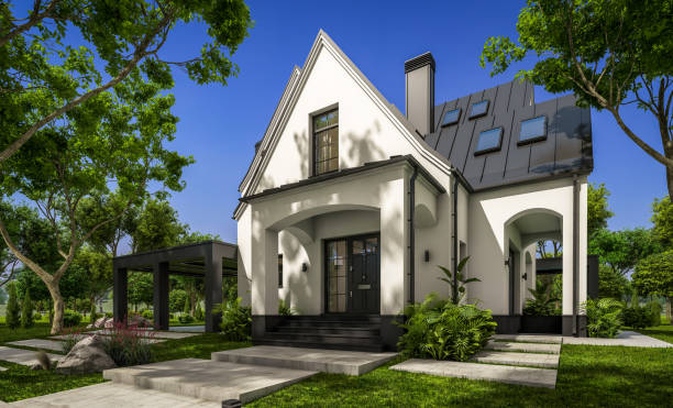 istock 3d rendering of white and black modern Tudor house 1438660743