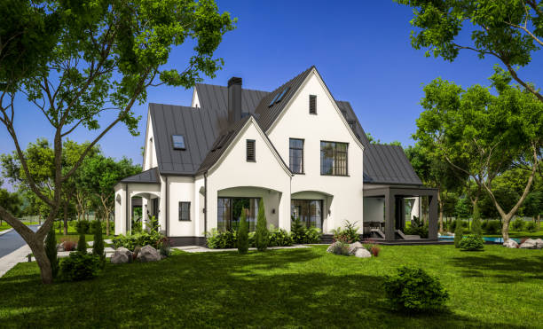 istock 3d rendering of white and black modern Tudor house 1438660758