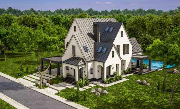 istock 3d rendering of white and black modern Tudor house 1438660951