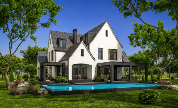istock 3d rendering of white and black modern Tudor house 1438661187