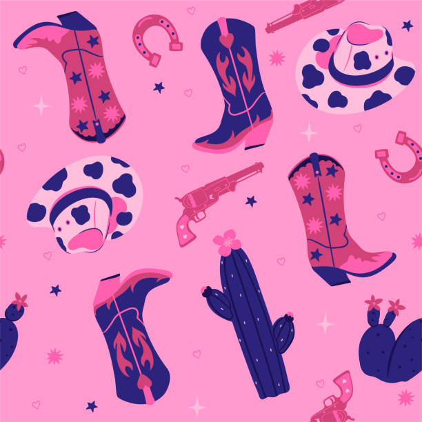 ilustrações de stock, clip art, desenhos animados e ícones de seamless pattern with cowboy boots, hats, cacti, pistols. vector graphics. - cowgirl
