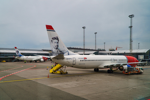 Copenhagen, Denmark - 08.05.2022: Norwegian Air planes in Kastrup airport.