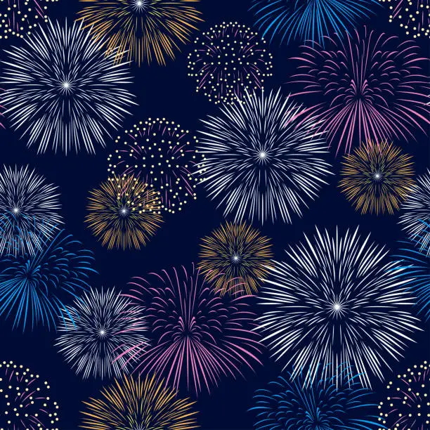 Vector illustration of Bright multicolored fireworks seamless pattern. Abstract background with beautiful flashes of firecrackers on dark.
