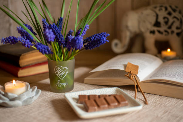 Grape Hyacinth Bouquet with Spring Flowers, Buddha and Deco