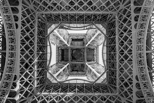 Bottom view of the Eiffel Tower in grey colors