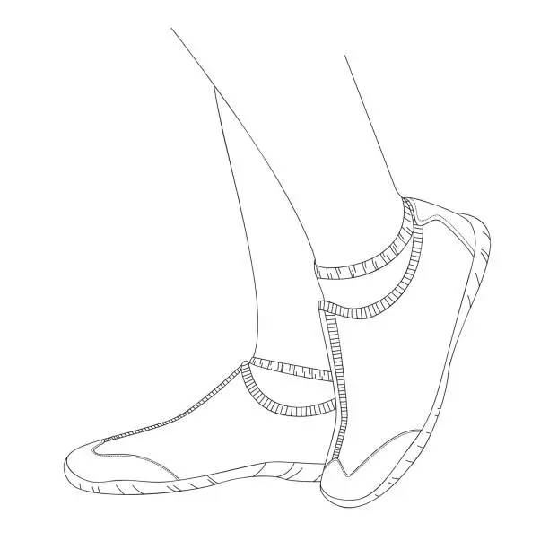 Vector illustration of Women's legs (feet) in hiking shoes for walking in city parks, health paths, side view. Sport footwear close-up. Concept of sports and healthy lifestyle. Walk every day. Sketch, linear drawing