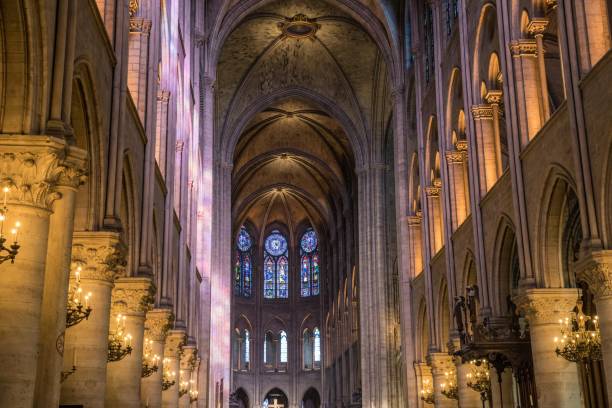 vista affascinante della cattedrale di notre-dame de paris in francia di notte - strasbourg france cathedrale notre dame cathedral europe foto e immagini stock