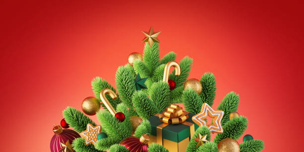 istock 3d render, Christmas tree decorated with festive ornaments, isolated on red background. Festive wallpaper 1438667832