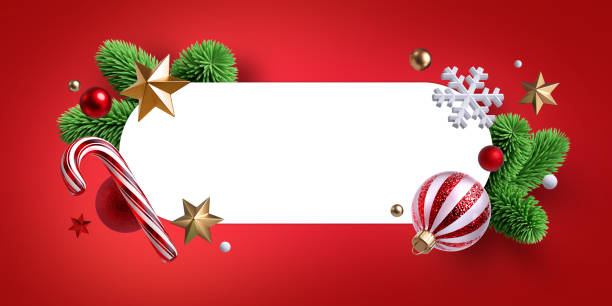 istock 3d render, Christmas background. Blank banner decorated with festive ornaments, sparkling confetti, glass balls and green spruce twigs 1438667859