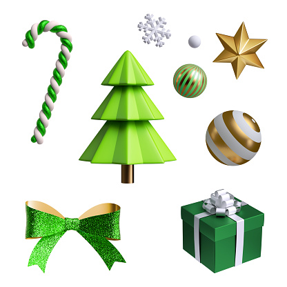 3d render, collection of assorted Christmas ornaments, festive clip art isolated on white background. Set of design elements