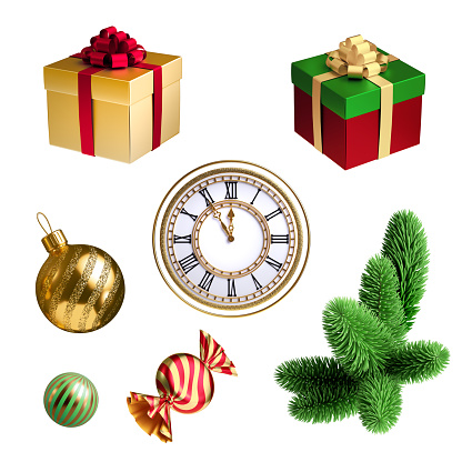 3d render, collection of assorted Christmas ornaments, festive clip art isolated on white background. Set of design elements