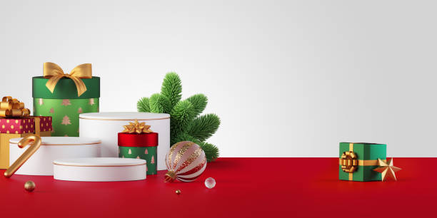 istock 3d render. Festive scene with Christmas ornaments, green spruce and gift boxes, isolated on white background with red floor. Showcase with empty podium for product presentation. Horizontal banner 1438667930