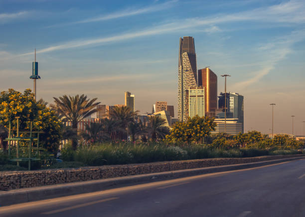 les routes et les rues de riyad sont remplies d’arbres d’ornement des deux côtés de la route, centre-ville, skyline de riyad, quartier financier du roi abdallah, arabie saoudite - saudi arabia riyadh arabia tower photos et images de collection