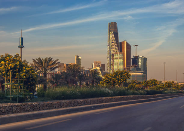Riyadh roads and streets are filled with ornamental trees on both sides of the road, downtown, Riyadh skyline, King Abdullah Financial District, Saudi Arabia stock photo