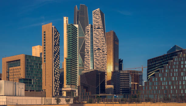 Sunset over the King Abdullah Financial District in the capital, Riyadh, Saudi Arabia. Large buildings equipped with the latest technology stock photo