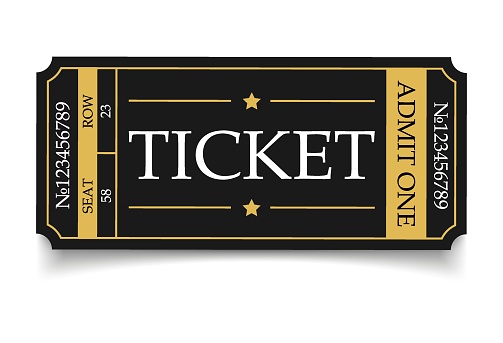 Vector ticket isolated isolated on white background. Cinema, theater, concert, play, party, event, festival black and gold ticket realistic template set. Ticket icon for website.