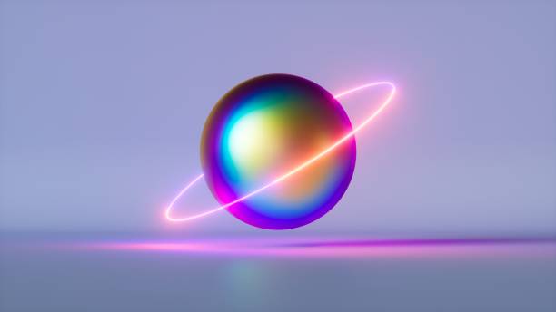 istock 3d render, abstract geometric background, iridescent holographic ball with pink neon ring, saturn planet symbol 1438669663